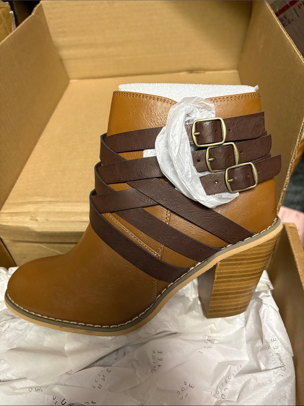 Journee Collection Tan and Dark Brown Strappy Block Heel Ankle Boots